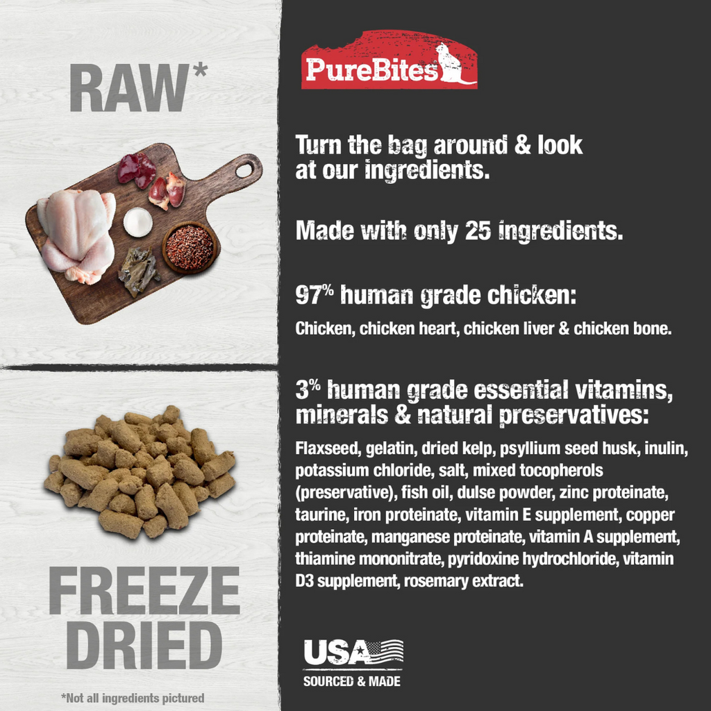 PureBites chicken raw freeze-dried cat food — single-protein, high-protein natural recipe made from human-grade meat