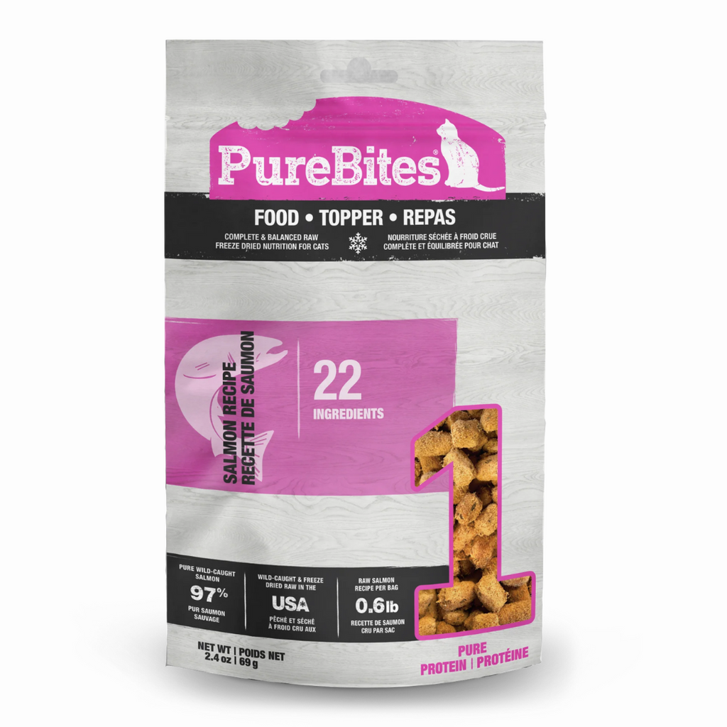 PureBites salmon raw freeze-dried cat food — single-protein, high-protein natural recipe made from human-grade salmon and organs