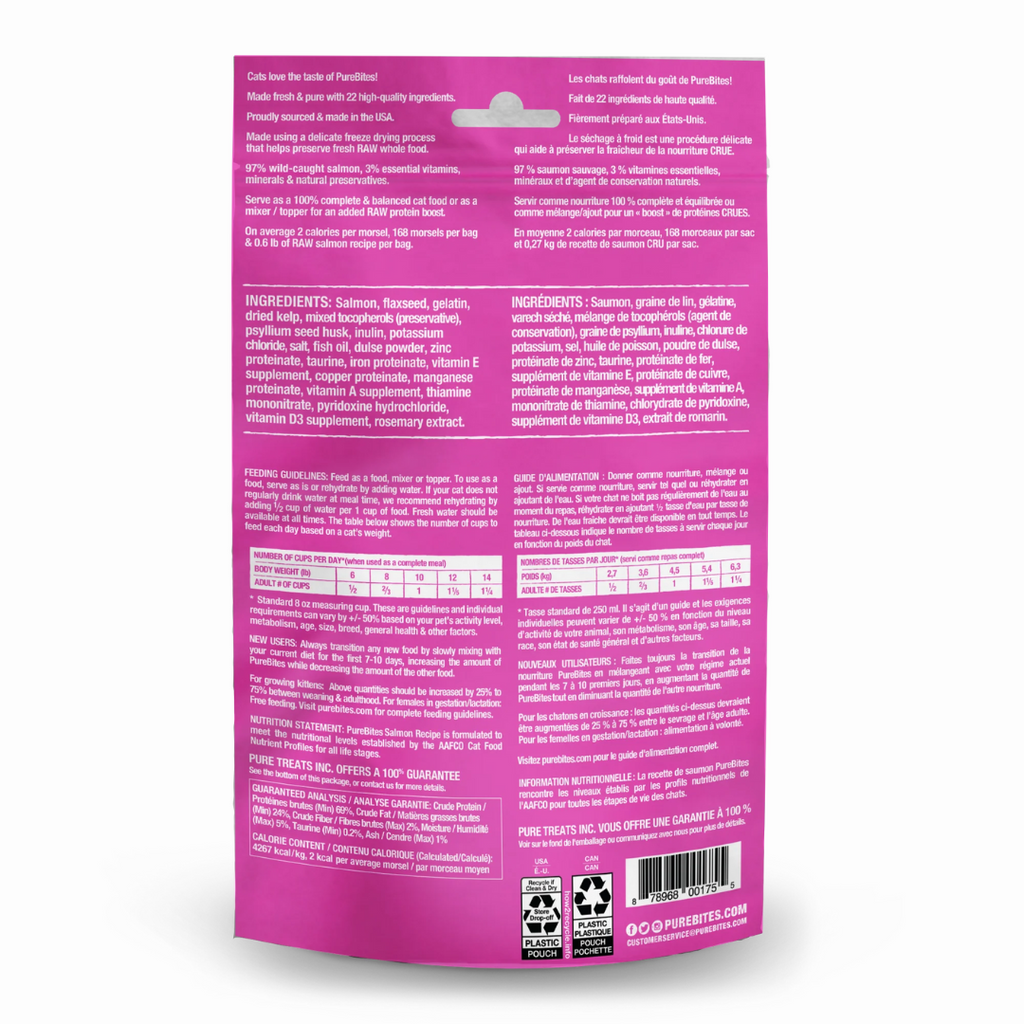 PureBites salmon raw freeze-dried cat food — single-protein, high-protein natural recipe made from human-grade salmon and organs