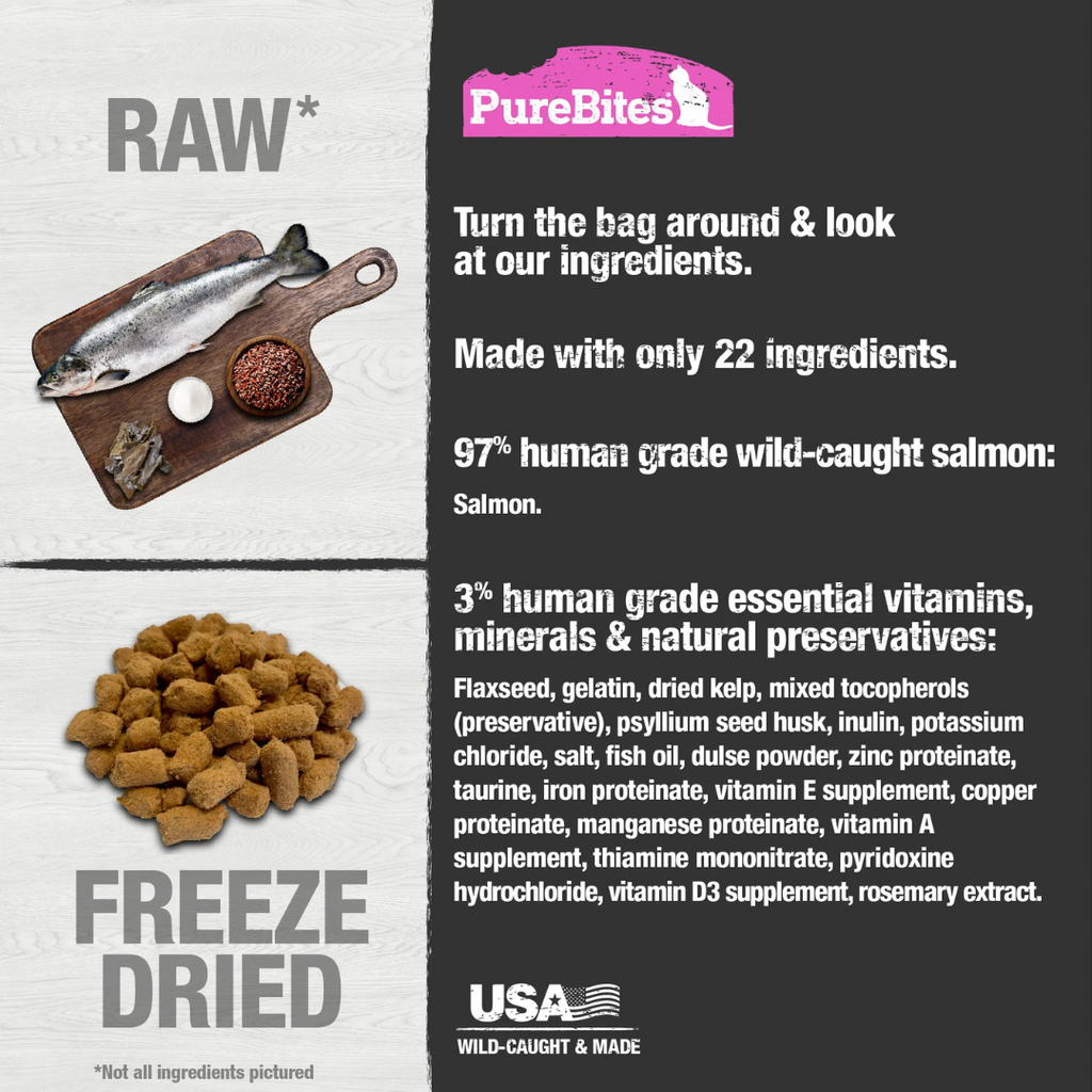 PureBites salmon raw freeze-dried cat food — single-protein, high-protein natural recipe made from human-grade salmon and organs